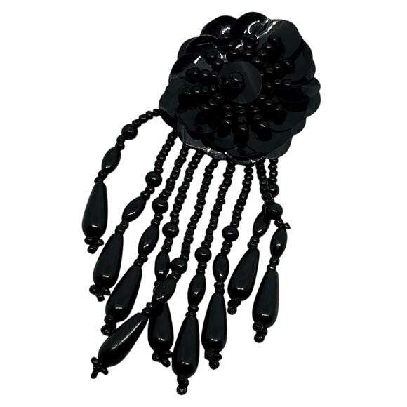 Dramatic Black Flower Sequin Beaded Fringe Statement Earring - Gothic Glamour - Picture 7 of 8
